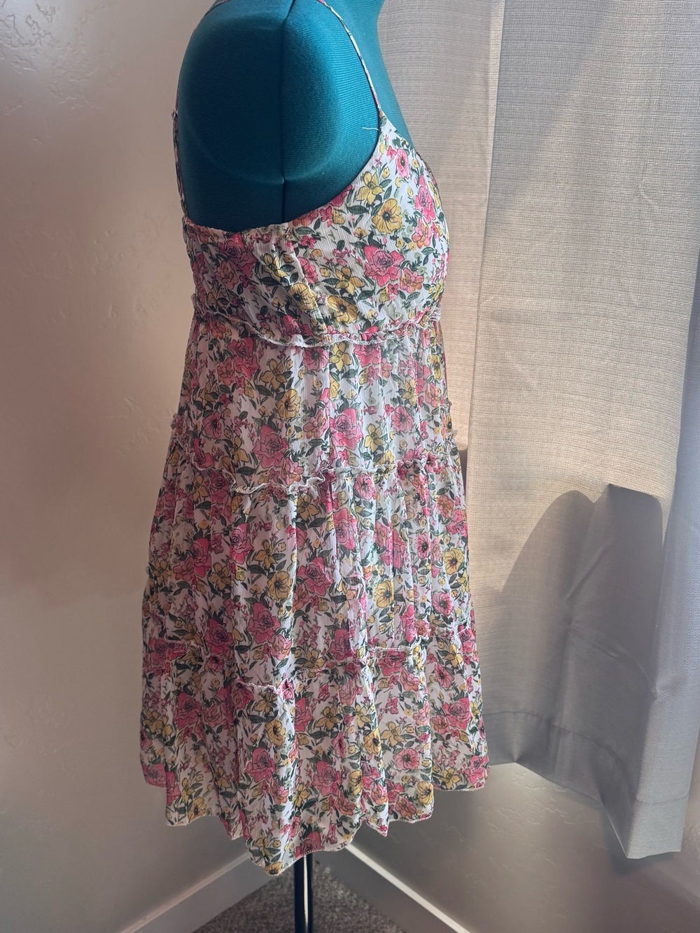 Francesca's Collections Pink and Yellow Floral Tiered Mini Dress
